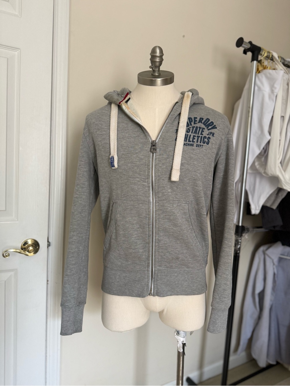 Superdry Men's Light Grey Zip-Up Hoodie with Drawstrings
